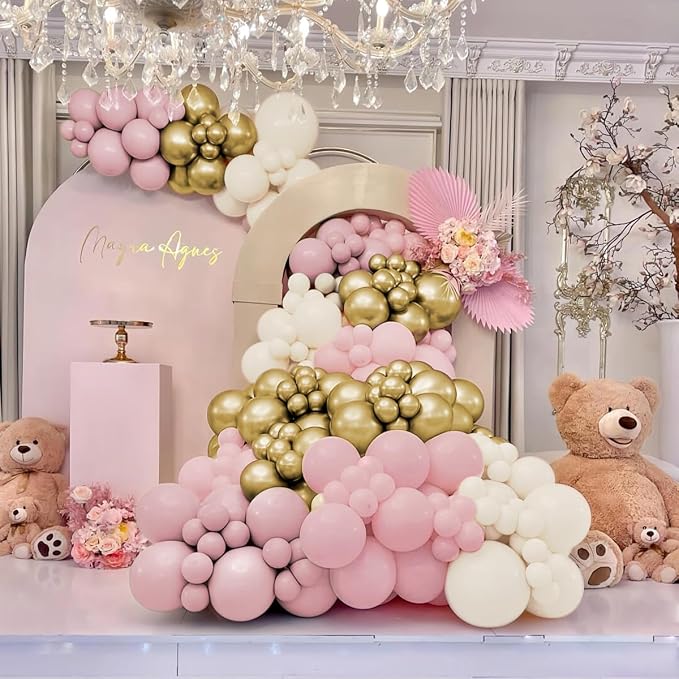 Pink White Gold Balloon Garland Arch Kit, 160Pcs Pastel Pink Matte White Metallic Gold Balloons for Girls Birthday Baby Shower Wedding Bridal Shower Party Decorations