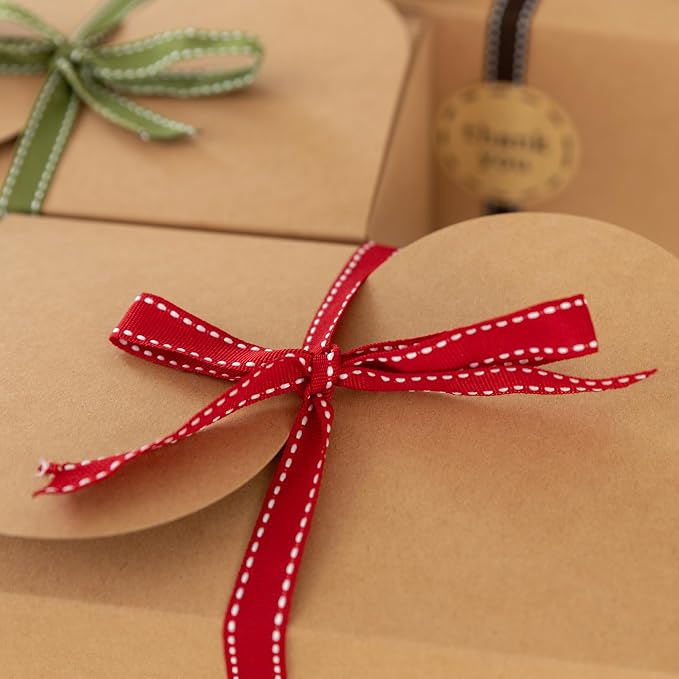 Large Brown Kraft Cookie Boxes with Ribbons & Sticker (20 Pack) 9” x 5.5” Decorative Craft Gift Boxes for Baked Goods, Candy, Bread Loaf, Small Treats, Christmas, Food Packaging, Empty, Bulk, Foldable