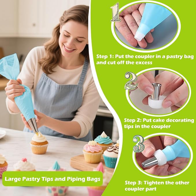 Suuker Large Piping Tips Set, Stainless Steel | Seamless, Cake Decorating Tips, Pastry Tips & Piping Bags, Frosting Icing Tips, 1M 2D 2F 6B 2A