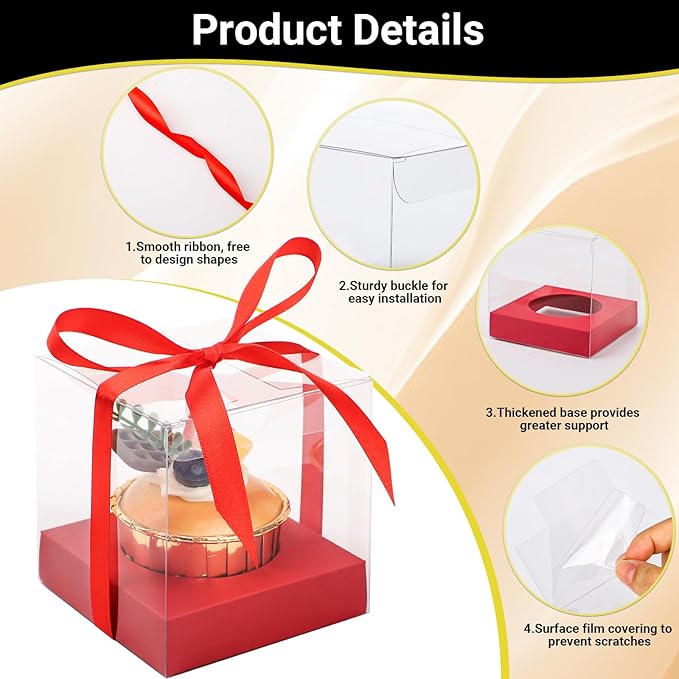 EUSOAR Cupcake Boxes Individual, 50 Pcs 3.5 Inch Clear Muffins Cupcake Containers with Inserts and Gift Ribbon, Dessert Pastry Holder Disposable Cookies Wrappers for Wedding Party Favor Bakery