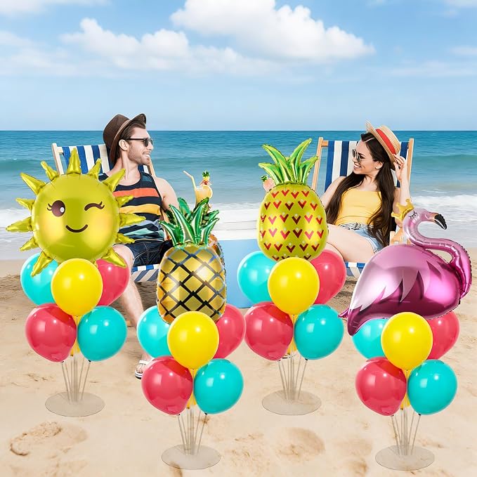 4 Sets Summer Tropical Party Balloons Stand Kit with Pineapple Flamingo Foil Balloons Hawaiian Party Balloon Centerpiece for Tables for Summer Beach Hawaiian Birthday Decorations