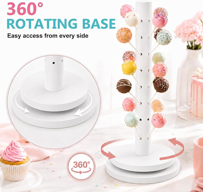 2Pack Wooden Cake Pop Stand Kit with 360° Spinning Base, 49Hole Lollipop Holder with Cake Ball Scoop, 100 Paper Sticks, 100 Clear Treat Bags and 100 Twist Ties, Easy Twist Assembly for Parties (White)
