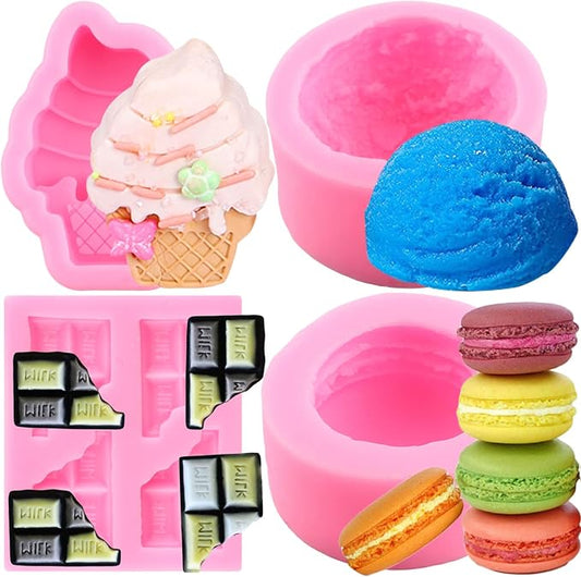 ZiXiang Macaroon Hamburger Silicone Molds Ice Cream Ball Fondant Mold Milk Chocolate Mold for Cake Decoration Cupcake Topper Candy Resin Clay Candle Soap Bath Bomb Set Of 4