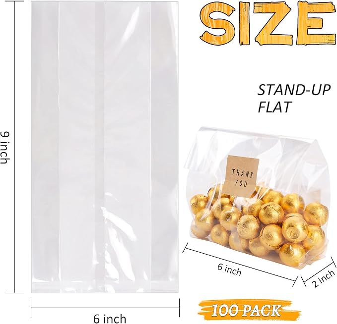 Cellophane Treat Bags Cookie Bags for Packaging Clear Gift Bag with Stickers for Cookies, Candy, Chocolates, Graduation Gift Bags(Clear, 9x6 INCH)
