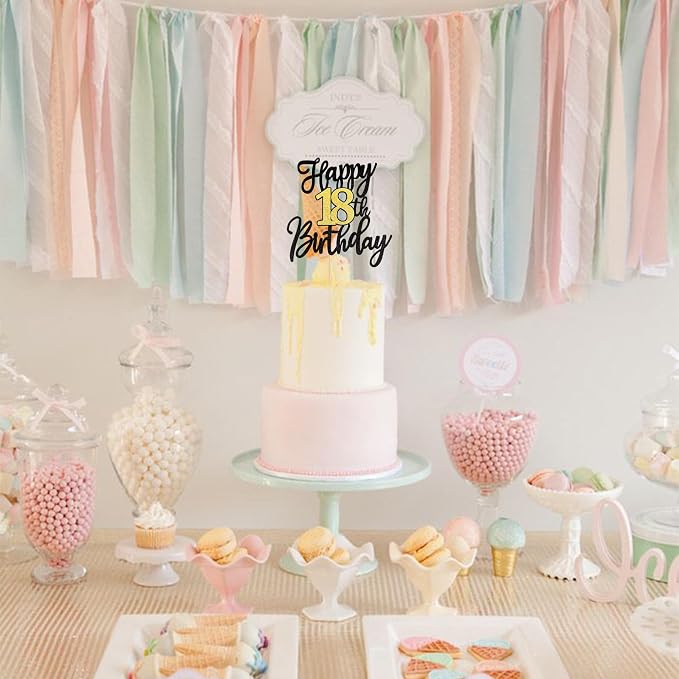 1 PCS Happy 18th Birthday Cake Topper Black Gold Glitter Cheers to 18 Years Birthday Cake Pick 18 Fabulous Cake Decoration for Happy 18th Birthday Anniversary Party Cake Decorations Supplies