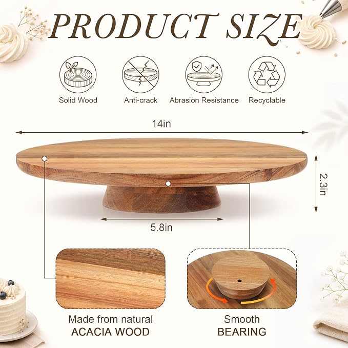 Gisafai 14 Inch Acacia Rotating Cake Stand Rustic Wood Pedestal Stands Turntable with 2 Icing Spatulas 3 Smoothers Wooden Cupcake Dessert Display for Wedding Party Decoration