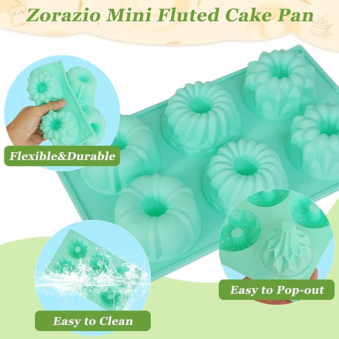 Zorazio 3Pcs Silicone Fluted Tube Cake Pan, Non-stick Mix Mini Baking Mold for Cupcake Cornbread Brownie Jello, 6-Cavity Fluted Tube Cake Pan