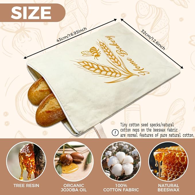 2PCS Reusable Beeswax Bread Bag for Homemade Bread, Sourdough Bread Bag, Extra Large Cotton Bread Storage Bag, Eco Friendly Reusable Bread Bags for Artisan Loaf, Bagels & Bakery Storage