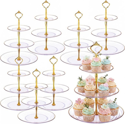Teenyyou 8 Pack 3 Tier Cupcake Stand Bulk Tiered Dessert Stand Thick Plastic Serving Tray with Gold Edges Dessert Table Display Set Tea Cake Holder for Wedding Birthday Party (Clear Gold,Crown Shaped)