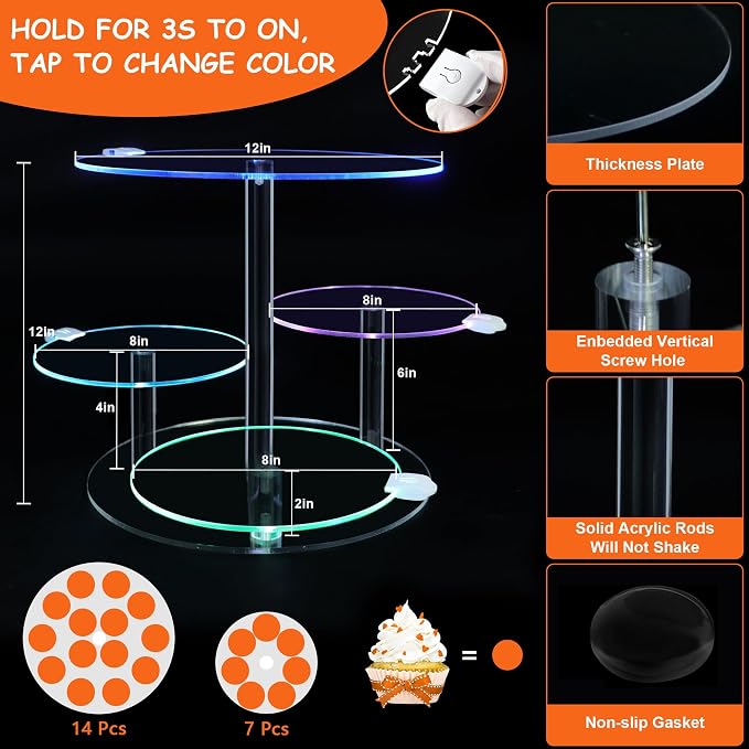 Rechargable LED Light Cupcake Stand, Light Up Cake and Cupcake Stand Combo, 4 Tier Round Dessert Table Display Set, Acrylic Cake Stands for Party Food Home Decor Wedding Birthday