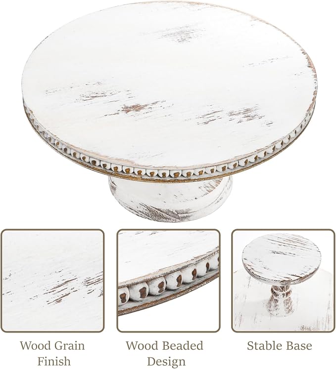 Peohud 12 Inch White Wood Cake Stand, Round Cupcake Pedestal Stand with Beads, Distressed Dessert Display Riser Tray for Wedding Birthday Christmas Party Table Decor