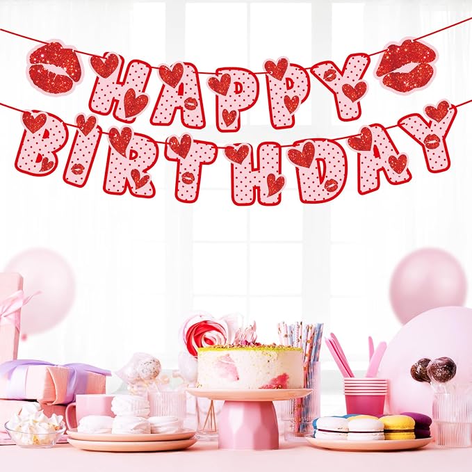 Zwiebeco Love Heart Happy Birthday Banner Red and Pink Glitter Sign Hanging Paper Party Decoration for Girls Women Accessories