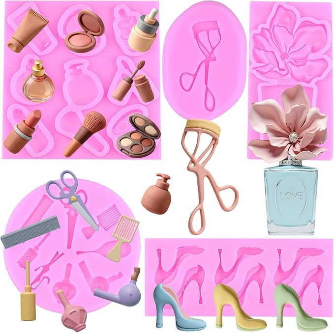 ZiXiang Makeup Theme Silicone Molds Lipstick Perfume High Heel Fondant Molds Nail Polish Eyelash Curler Eye Shadow Chocolate Mold for Cake Decorating Cupcake Topper Candy Resin Gum Paste Set Of 4