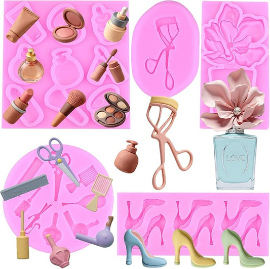 ZiXiang Makeup Theme Silicone Molds Lipstick Perfume High Heel Fondant Molds Nail Polish Eyelash Curler Eye Shadow Chocolate Mold for Cake Decorating Cupcake Topper Candy Resin Gum Paste Set Of 4