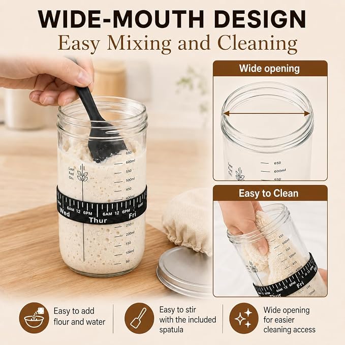 Sourdough Starter Kit for Beginners, 34oz Wide Mouth Sourdough Starter Jar with Guide & Recipes, Fridge Magnet Clip, Thermometer, Feeding Band, Spatula, Cloth & Aluminum Lid, Bread Baking Supplies