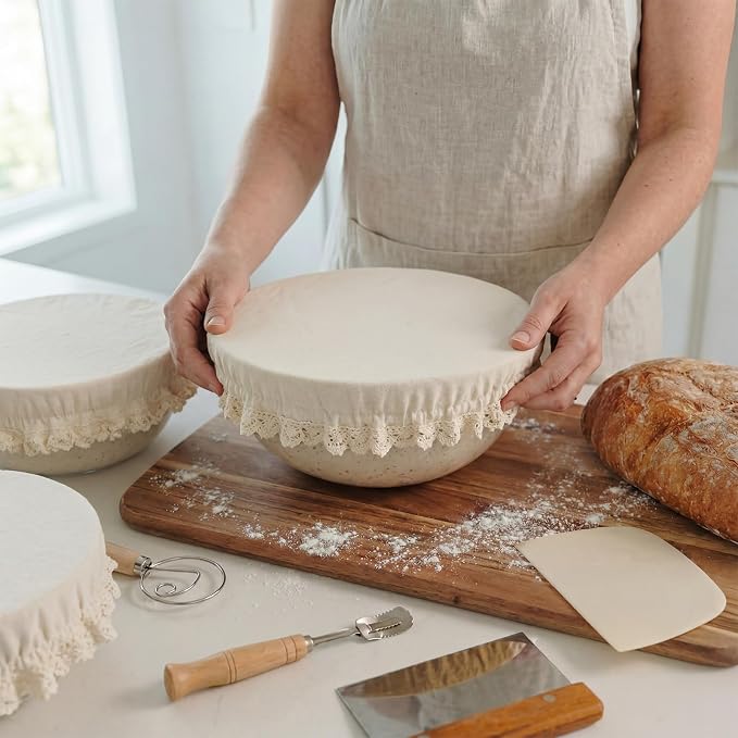 4 Pcs Reusable Cotton Bowl Covers with Lace Trim Breathable Muslin Fabric Food Storage Lids Elastic Cloth Bowl Covers for Bread Proofing Baskets Sourdough Bread Baking (13,10,8,4 Inch)