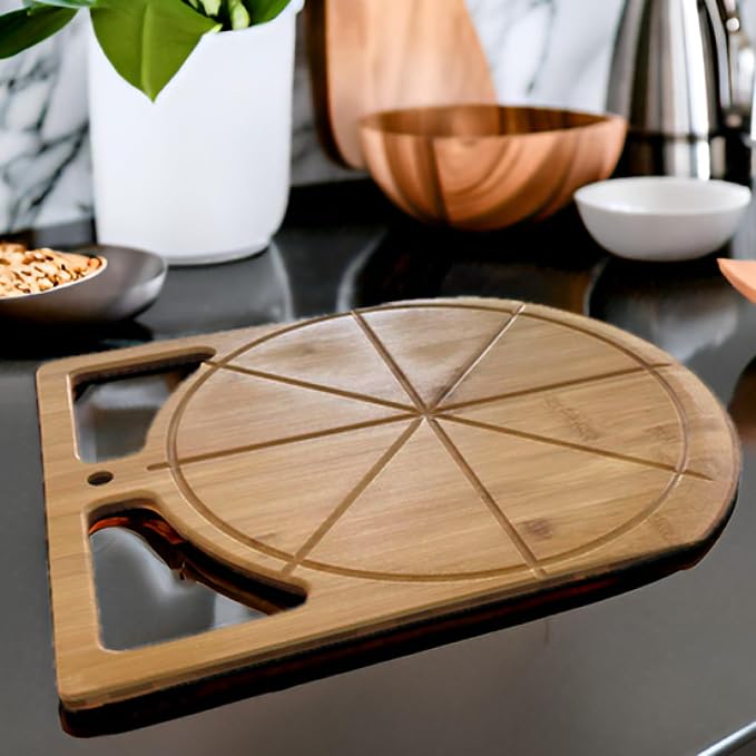 Wooden Pizza Peel & Round Cutting Board | Dual-Grip 2-in-1 Bamboo Pizza Paddle Board for Baking, Pizza Spatula & Large Cutting Board for Pizza | Pizza Turning Peel for Baking Accessories, 17” X 13.5”