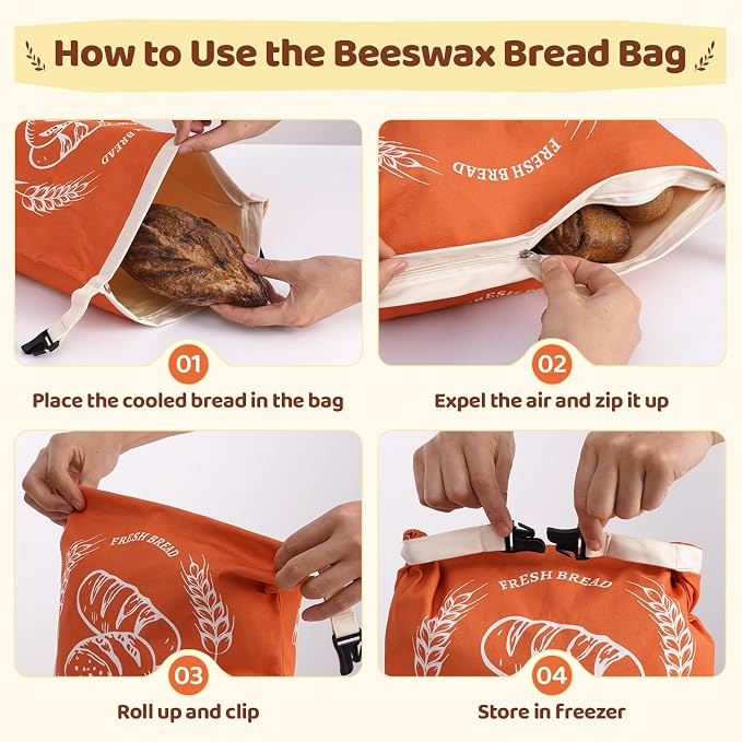 2 Pack Beeswax Bread Bags with Zipper, XL(13x17in) Sourdough Bread Storage for Homemade, Freezer Storage Bag to Keep Fresh, Cotton Beeswax Container, Baguette Bag with Liner, Kitchen Baking (Orange)