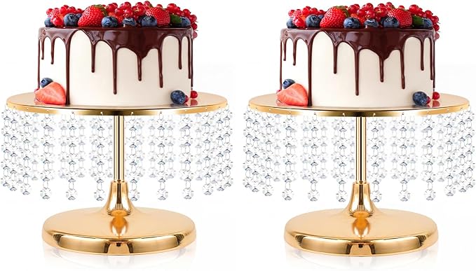 2 Pcs Gold Metal Mirror Cake Stand Set with Crystal Pendants - 11.8"W Elegant Dessert Table Display for Weddings, Birthday Parties, Baby Showers, Events - Sturdy Crystal Bling Cupcake Stands for Pastries, Sweets, Decorations