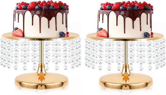 2 Pcs Gold Metal Mirror Cake Stand Set with Crystal Pendants - 11.8"W Elegant Dessert Table Display for Weddings, Birthday Parties, Baby Showers, Events - Sturdy Crystal Bling Cupcake Stands for Pastries, Sweets, Decorations