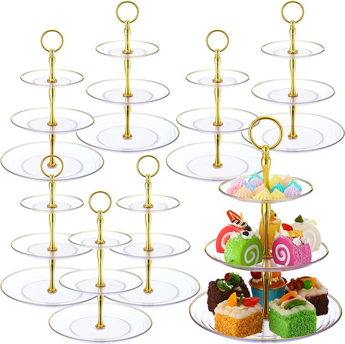 Teenyyou 8 Pack 3 Tier Cupcake Stand Bulk Tiered Dessert Stand Thick Plastic Serving Tray with Gold Edges Dessert Table Display Set Tea Cake Holder for Wedding Birthday Party(Clear,Round)