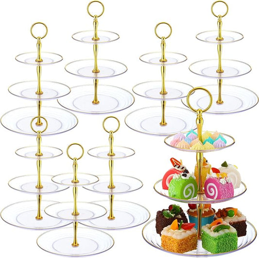 Teenyyou 8 Pack 3 Tier Cupcake Stand Bulk Tiered Dessert Stand Thick Plastic Serving Tray with Gold Edges Dessert Table Display Set Tea Cake Holder for Wedding Birthday Party(Clear,Round)