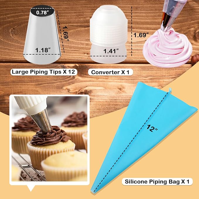 12PCS Large Piping Tips Set with Pastry Bag, Cake Decorating Tips for Cookie Cupcake Cake