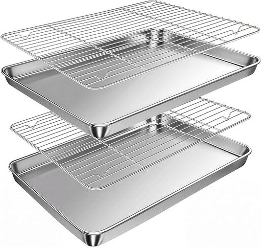 Baking Sheet with Rack Set (2 Pans + 2 Racks), 16 x 12 x 1 Inch Stainless Steel Cookie Sheet Baking Pan Tray with Cooling Rack, Jelly Roll Pan with Wire Rack, Warp Resistant & Heavy Duty & Rust Proof