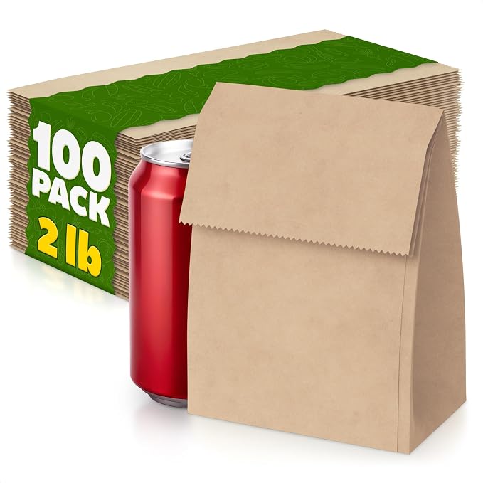 Set of 100 Small Brown Paper Bags - Sturdy Brown Lunch Bags for Snacks, Nuts, Popcorn, Cookies, Candies, Party Favors & Gifts - Durable with Convenient Size (7х3.54х2.16) for Home and Small Business