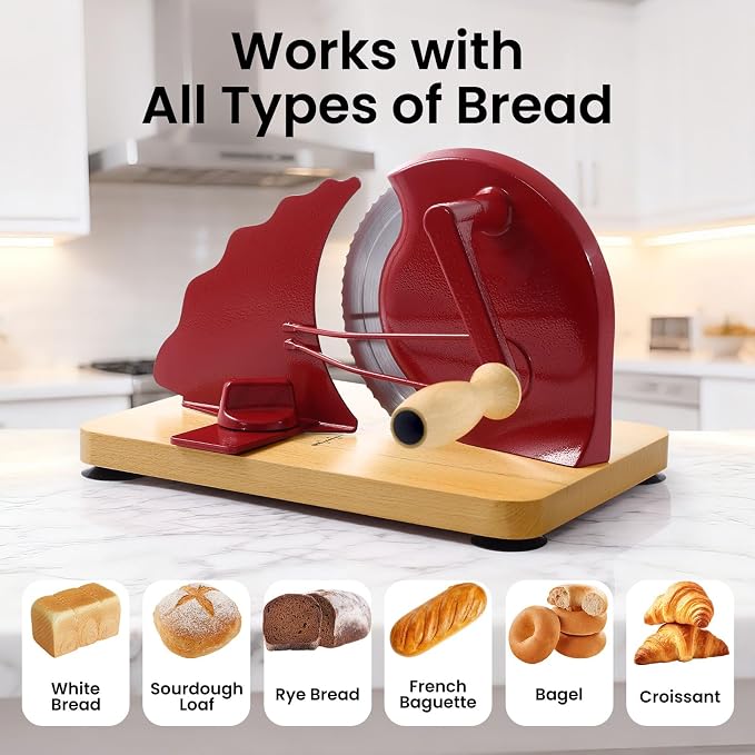 Manual Bread Slicer for Homemade Bread, Stainless Steel Slicers Serrated Blade Design, Adjustable Slice Thickness with Metal Guide, Hand Crank Bread Slicer with Scale Line and Suction Cup(Red)