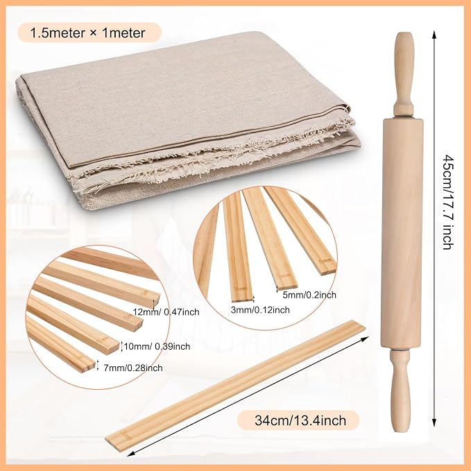 Newtay 12 Pcs Pottery Tools Include 1 Wood Rolling Pin Sculpting Polymer Clay Tools 1 Portable Pottery Wedging Board/Linen Tablecloth and 10 Pcs 5 Size Teaching Rolling Mud Stick Guide (Tablecloth)