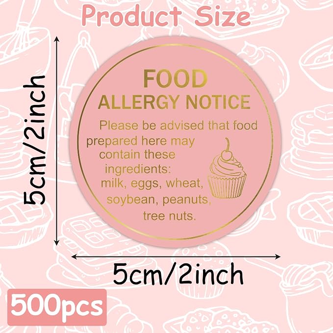 PANTIDE Food Allergy Notice Stickers - 500 Count Allergen Warning Label Gold Foil Adhesive Round Decal Roll, Food Alert Safety for Restaurant Home Kitchen Bakery Cake Shop (2 x 2 Inch, Pink)