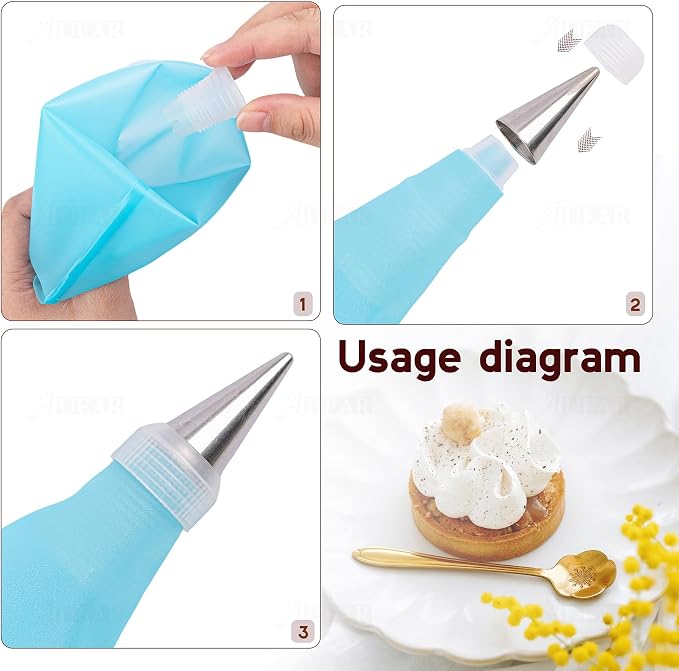 AUEAR, Cake Decorating Sugar Cookie Piping Tips 5 Writing Tube 1 Coupler 1 Silicone Pastry Bag (7 Pack)
