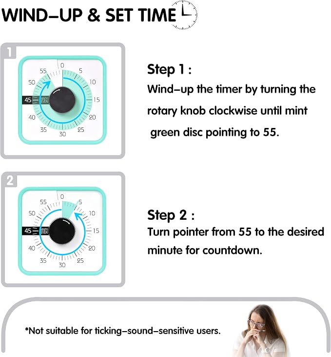 TWENTY5 SEVEN Countdown Timer 7.5 inch; 60 Minute 1 Hour Visual Timer – Classroom Teaching Tool Office Meeting, Mechanical Countdown Clock for Kids Exam Time Management Magnetic, Mint Green