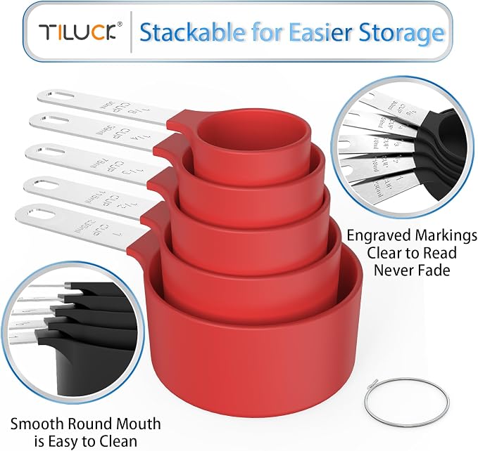TILUCK Measuring Cups & Spoons Set, Stackable Cups and Spoons, Nesting Measure Cups with Stainless Steel Handle, Kitchen Gadgets for Cooking & Baking (Red)