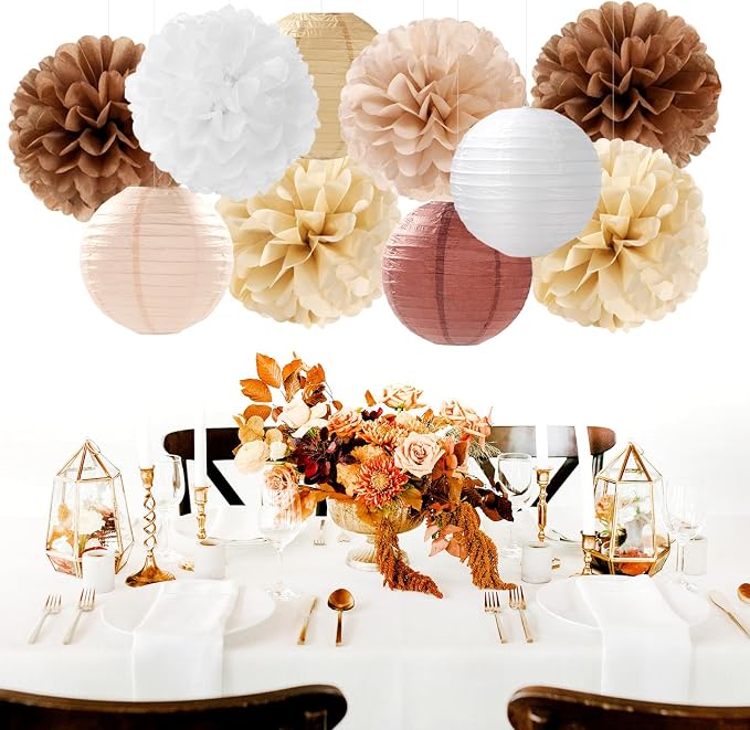 Boho Rustic Wedding Party-Decorations Paper Flowers Lanterns - 15PCS Fall Baby Shower Gender Neutral Streamers,Brown Champagne White Tissue Pom Poms,Autumn Birthday Bridal Decor Hugfond
