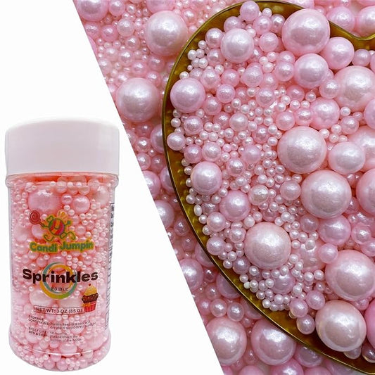 CandiJumpin Edible Pearls for Cake Decorating, Baby Pink Pearl Sprinkles Pink Sugar Pearls Edible Cake Decorations Pearl Sugar Sprinkles Valentines Cupcake Toppers Baby Shower Party Birthday Wedding Christmas Supplies 3 OZ