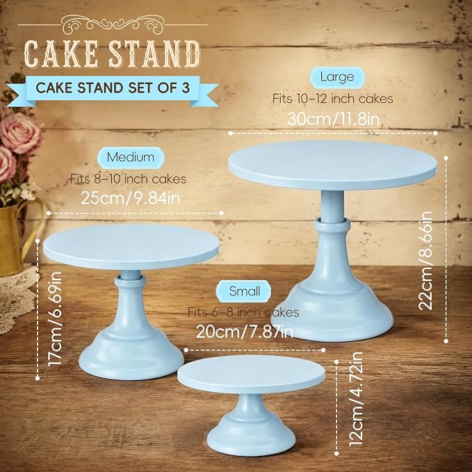 Three-piece Cake Stand Set, Metal Round Trays, 8-inch, 10-inch, and 12-inch, for Dessert Table displays; Perfect for Christmas, Thanksgiving, Birthdays, Weddings, and Other Celebrations(Blue)