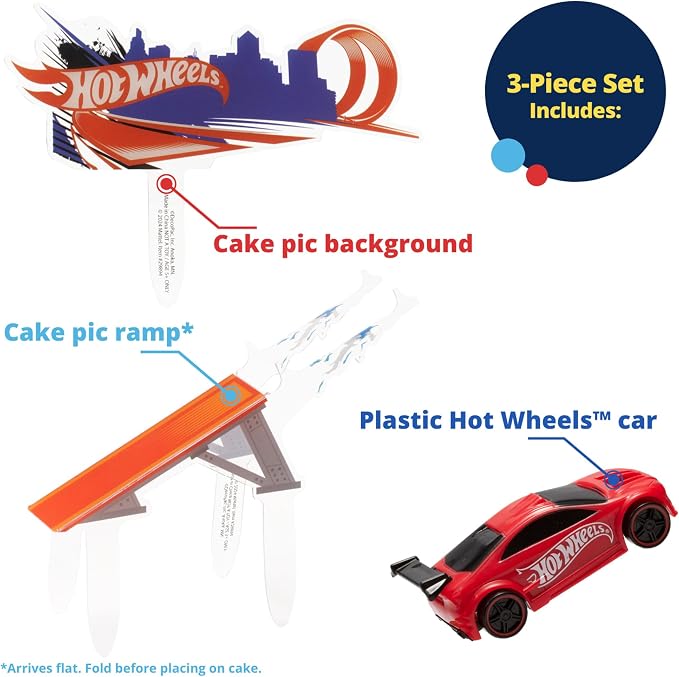 DecoSet® Hot Wheels™ Supreme Speed Cake Topper, Car Cake Decoration Set with Vehicle cake topper, Ramp and Background Pics, 3 Piece Set | For Birthday And Celebrations