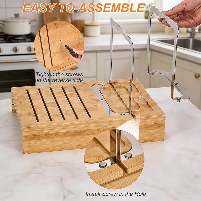 Bamboo Sourdough Bread Slicer for Homemade Breads with Bread Knife，Adjustable Slice Thickness and Bread Width, Stainless Steel Cutting Guides with Crumb Tray for Round Sourdough & Homemade Breads