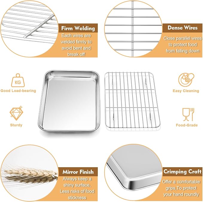 P&P CHEF 9 Inch Baking Oven Sheet Pan with Rack & Mat for Cookie, Stainless Steel Oven Sheet Tray Cooling Rack and Silicone Mat for Baking & Roasting, Dishwasher Safe & Healthy, 3Pcs