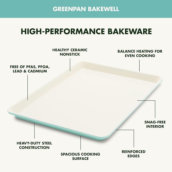 GreenPan Bakewell 13"x18" Baking Sheet Pan, Healthy Ceramic Nonstick Bakeware, PFAS-Free Durable Cookie Tray, Versatile Kitchen Essentials, Vibrant Ovenware, Easy Clean, Turquoise