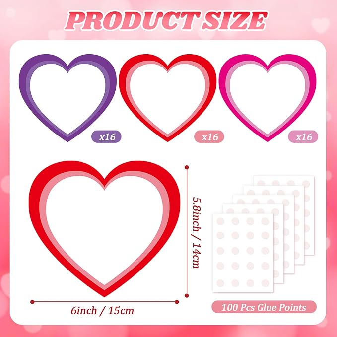 Vuzvuv 48Pcs 6In Blank Heart Paper Cutouts with 100Pcs Glue Points for Wall Bulletin Board Decorations, Heart Cut Out for Classroom, DIY Crafts & Party Banners