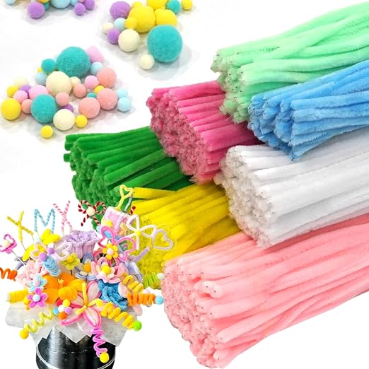 7 Color Macaron Pipe Cleaners Bulk with Pompoms - 900pcs Craft Kit Fluffy Fuzzy Wire and Pastel Pom Poms Chenille Stems for Arts & Crafts, Flowers School Classroom Christmas Party Supplies