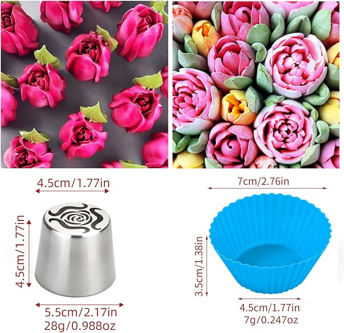12Pcs Extra Large Russian Piping Tips Set, 304 Stainless Steel Icing Nozzles with 6 Pcs Silicone Cupcake,10 Pastry Bags,Cleaning Brush, Cake Decorating Tools for Cupcake, Cookie, Dessert
