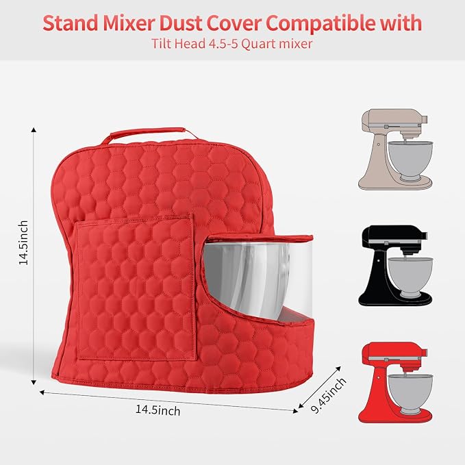 Stand Mixer Dust Cover Compatible with KitchenAid Mixer - Stand Mixer Cover Fits for 4.5/5 Quart, Storage Bag with 2 Pocket for Accessories and Attachments（Red, For 4.5- 5QT）
