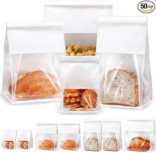 AmazingSpark 50 Pcs Paper Bread Bags with Tin Tie sourdough bread bags Storage Packing Bag with Clear Window for Gifting, Bakery (White)