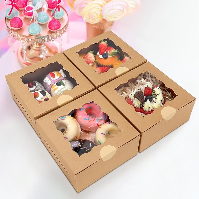 60 pcs Bakery Boxes with Window, 6 x 6 x 3 inches, Kraft Cookie Boxes Pastry Boxes for Baked Goods (Brown)