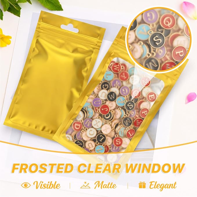 100 PCS Resealable Mylar Bags with Frosted Clear Window Smell Proof Packaging Bags Foil Pouch Zip Treat Bag for Food Self Sealing Storage Supplies (Golden, 2.75×3.93)
