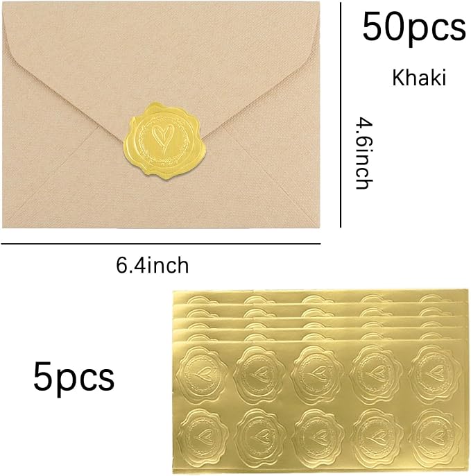 50 Pack 4x6 Khaki Linen Envelopes with Gold Wax Seals - Handmade Look A6 Vintage Envelopes & Self-Adhesive Seal Stickers for Greeting Cards, love letter, Wedding, Party Invitation